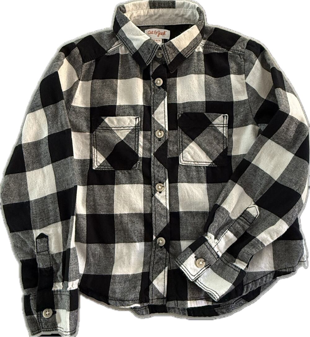 Cat & Jack Buffalo Plaid Flannel Shirt Girls XS 4/5 Black White Button Front